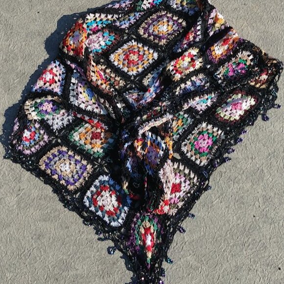 Crocheted Colourful Granny Square Scarf Wrap with Beads - Picture 7 of 8
